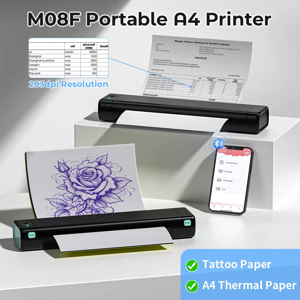 M08F A4 Paper Printer Portable Thermal Printer Bluetooth Mobile Printer Compatible with Android & Ios Phone & Laptop