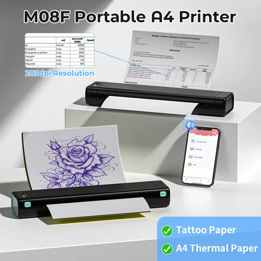 M08F A4 Paper Printer Portable Thermal Printer Bluetooth Mobile Printer Compatible with Android & Ios Phone & Laptop